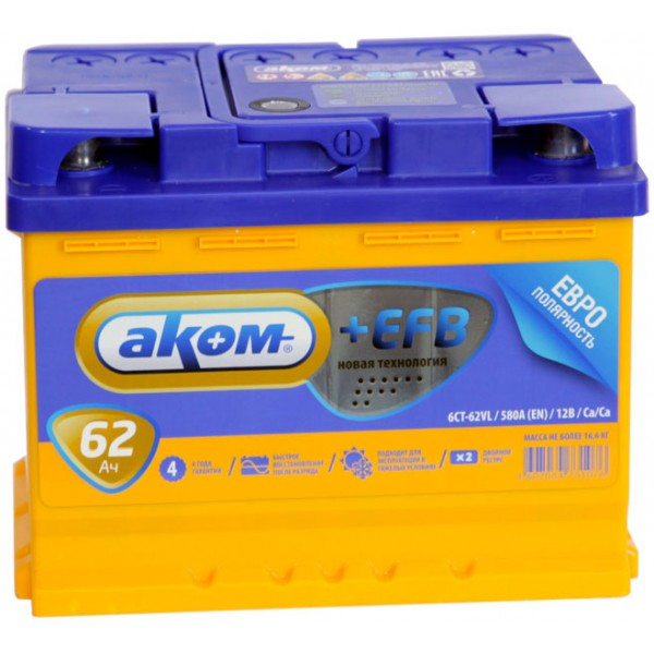 AKOM +EFB 6CT-62 Евро (62 A/h), 600А R+
