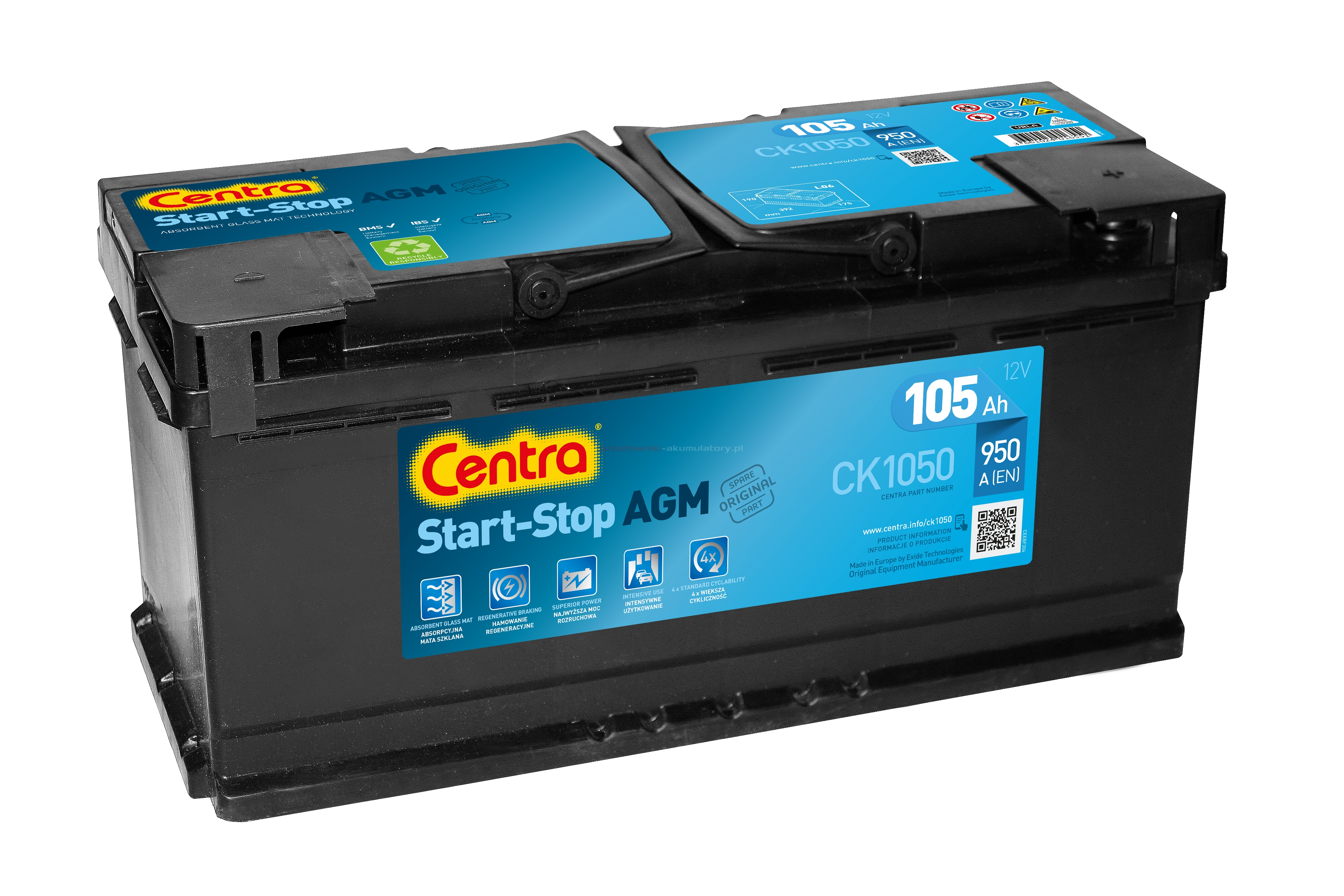 Сentra Start-Stop AGM CK1050 (105 A/h), 950A R+